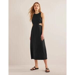 New Boden Cut Out Linen Midi Dress Black Crew Neck Bck Zip Sleeveless Sz 6
